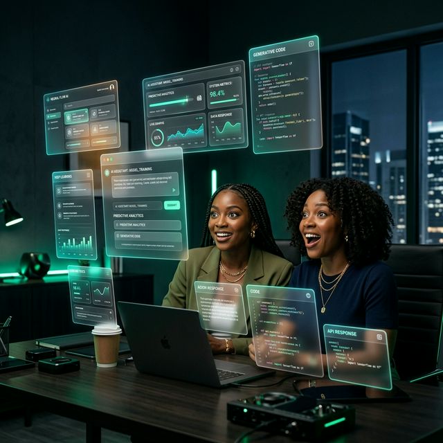 Femmes noires construisant des outils avec l'IA (Vibe Coding) et interfaces holographiques